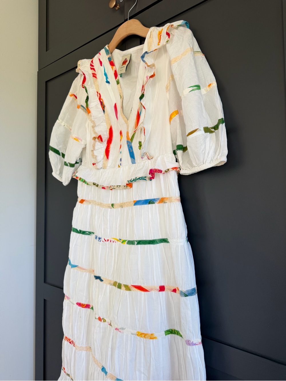 FARM Rio White Tiered Cotton Dress with Multicolor Ribbon Detail | S - Picture 4 of 9